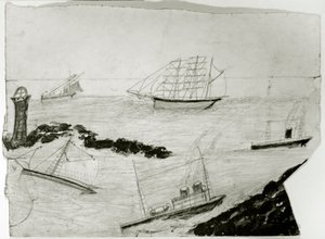 Trzy żaglowce, dwa parowce i latarnia morska Godrevy, ok. 1935-38 (olej i ołówek na karcie) autorstwa Alfred Wallis