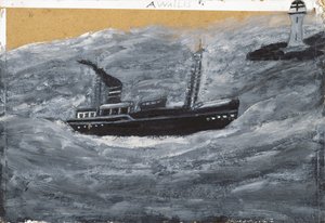 Trawler i molo (olej na karcie) autorstwa Alfred Wallis