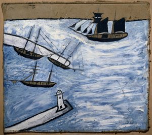 Widok na port i latarnię morską w Saint Ives (Kornwalia, Anglia). Olej i ołówek na tekturze, autor: Alfred Wallis (1855-1942) autorstwa Alfred Wallis