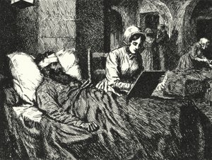 Angielska pielęgniarka Florence Nightingale pisze list do żołnierza rannego w wojnie krymskiej w szpitalu Scutari, 1855