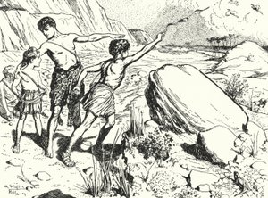 Hannibal i jego bracia uczą się rzucać kamieniami z procy autorstwa Alfred Wallis Mills