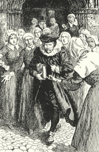 Szkocki ksiądz William Annand potępiony przez kobiety z Edynburga za nauczanie z nowego Modlitewnika w katedrze St Giles, 1637 autorstwa Alfred Wallis Mills