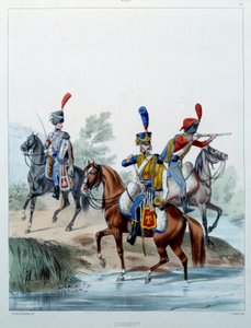 Armia Napoleońska: Husaria. Grawerowanie autorstwa Alfreda De Marbota (XIX w.) 1806. Malmaison, Musee Du Chateau. autorstwa Alfred de (after) Marbot