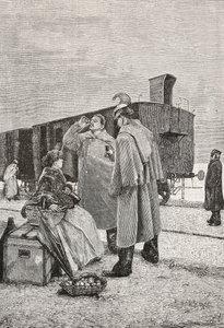 Five Minutes Stop, dwóch mężczyzn stojących na stacji kolejowej, pijących i jedzących, rycina z obrazu Alfredo Luxoro (1859-1918), z L