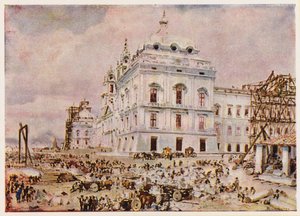 Budowa pałacu-klasztoru w Mafrze, Portugalia (kolorowa litografia) autorstwa Alfredo Roque Gameiro