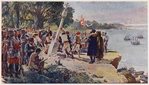 Portugalczycy wznoszący kamienny filar u ujścia rzeki Kongo autorstwa Alfredo Roque Gameiro