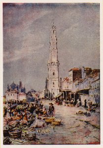 Wieża Clerigos, Porto, Portugalia (kolorowa litografia)