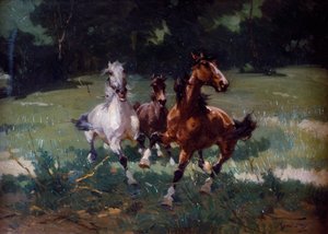 Biegnące konie, obraz Alfredo Tominza (1854-1936), olej na tekturze, 67x48 cm, Włochy