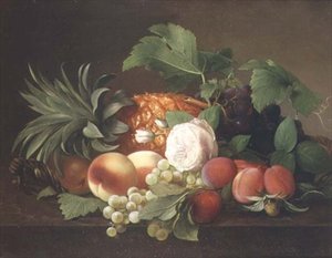 Martwa natura z ananasem, brzoskwiniami, śliwkami i winogronami autorstwa Alfrida Vilhelmine Ludovica Baadsgaard