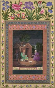 Dwóch starców w dyskusji na zewnątrz chaty, folio z albumu Davisa, AH1085AD1674-75. autorstwa Ali Quli Jabbadar