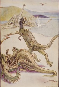 Scena mezozoiczna przedstawiająca Deinotherię, ilustracja z „The Outline of History” HG Wellsa, tom I, opublikowana w 1920 r. (litografia kolorowa)