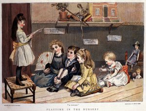 Zabawy dla dzieci: „”koncert””” Mała dziewczynka śpiewa przed publicznością złożoną z dzieci i zabawek. Rysunek autorstwa Alice Havers. 1877