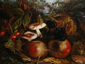 Martwa natura z grzybami, jabłkami i jeżynami autorstwa Alice M Wilson