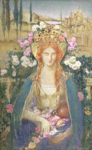 Św. Elżbieta Węgierska, 1916 (tempera na papierze ułożona na desce ze złotą wstawką z kamieniami półszlachetnymi na reliefie diademu) autorstwa Alice Macallan Swan