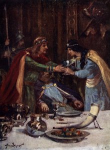 Zatrucie króla Aethelberta II Wschodniej Anglii przez Cynethryth, żonę Offa II z Mercji, 794 (kolor lito) autorstwa Allan (after) Stewart