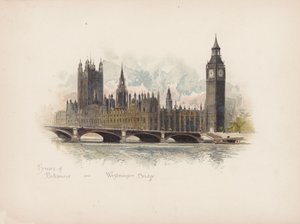 Znany Londyn: Houses of Parliament i Westminster Bridge (kolorowa litografia)