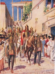 Alaric Goth wkraczający do Aten w 395 r., ilustracja z „Historia narodów Hutchinsona”