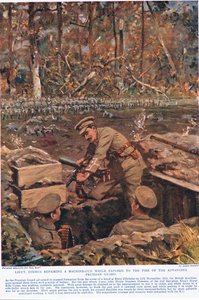 Porucznik Dimmer naprawiający karabin maszynowy, gdy był wystawiony na ogień nacierającej Gwardii Pruskiej, ilustracja z „Czyny, które drżą Imperium”, wydanej przez Hutchinson & Co., ok.1920 (kolor lito)
