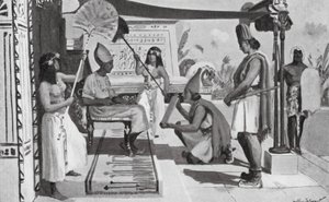 Ramzes II otrzymujący kopię traktatu z Hetytami (litografia) autorstwa Allan Stewart
