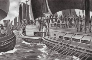 Pierwsza walka morska w historii (litografia) autorstwa Allan Stewart