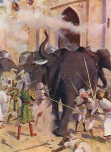 Słonie bojowe szarżują na bramę fortu w Arcot (kolorowa litografia) autorstwa Allan Stewart