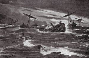 Flota Kserksesa w zatoce Kasthanea (litografia) autorstwa Allan Stewart