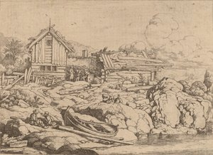 Łódź na brzegu rzeki z trzema kozami, prawdopodobnie ok. 16451656. autorstwa Allart van Everdingen