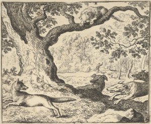 Po fałszywej historii Renarda jego ojciec jest ścigany przez psy myśliwskie z Hendrick van ..., 1650-75. autorstwa Allart van Everdingen
