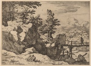 Mężczyzna na małym drewnianym moście, prawdopodobnie ok. 16451656. autorstwa Allart van Everdingen