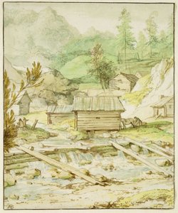 Nordic krajobraz z drewnianą chatą i jazem (długopis, pędzel i wc na papierze) autorstwa Allart van Everdingen