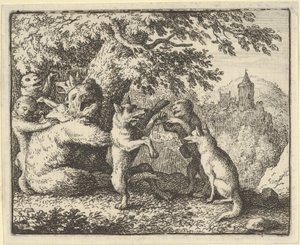 W Zakonie Lwa, kawałek skóry zostaje zabrany niedźwiedziowi, kawałek przednich łap..., 1650-75. autorstwa Allart van Everdingen