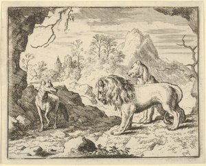 Renard przekonuje lwa i lwicę o znalezieniu skarbu, który jego ojciec ukradł im…, 1650-75. autorstwa Allart van Everdingen
