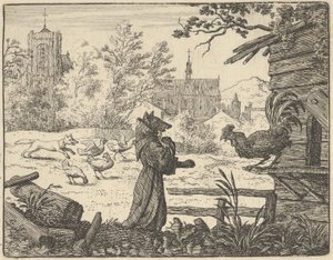 Renard, przebrany za mnicha, zyskuje zaufanie koguta, 1650-75.