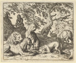 Renard fałszywie oskarża swojego ojca o spisek przeciwko lwowi, 1650-75. autorstwa Allart van Everdingen