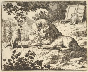 Renard kłamie, że dał baranowi różne cenne przedmioty, które były przeznaczone dla lwa…, 1650-75. autorstwa Allart van Everdingen