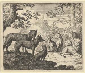 Rodzice Renarda proszą o możliwość wycofania się z dworu, z „Renarda Lisa” Hendricka van Alcmara autorstwa Allart van Everdingen