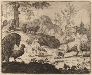Reynard oślepia wilka na jedno oko, prawdopodobnie ok. 16451656. autorstwa Allart van Everdingen