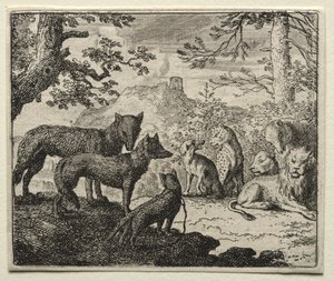 Reynard the Fox: Krewni Reynarda opuszczają sąd autorstwa Allart van Everdingen