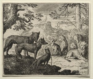 Reynard the Fox: Krewni Reynarda opuszczają sąd. autorstwa Allart van Everdingen