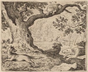 Ojciec Reynarda i kot ścigany przez psy prawdopodobnie ok. 16451656. autorstwa Allart van Everdingen
