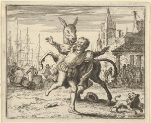 Osioł, zazdrosny o uwagę, jaką pies przywiązuje do swego pana, chce naśladować…, 1650-75. autorstwa Allart van Everdingen