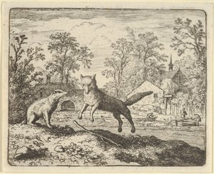 Borsuk nakłada karę za trzykrotny skok przez kij na ziemi, 1650-75. autorstwa Allart van Everdingen
