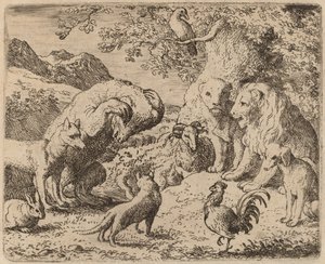 Niedźwiedź błaga lwa o sprawiedliwość, prawdopodobnie ok. 16451656. autorstwa Allart van Everdingen