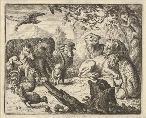 Lew ogłasza trwały pokój otaczającym go zwierzętom, 1650-75.