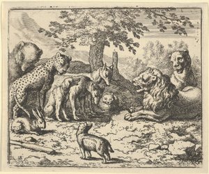Lew korzysta z rad innych zwierząt na karę Renarda, 1650-75. autorstwa Allart van Everdingen