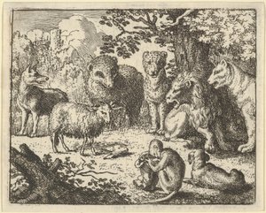 Małpa otwiera paczkę i zabiera głowę królika ku wielkiej niespodziance..., 1650-75. autorstwa Allart van Everdingen