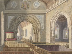 Wnętrze kościoła w Longdon: malarstwo akwarela, ndc 1842 autorstwa Allen Edward Everitt
