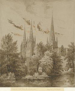 Katedra w Lichfield – południowy zachód Widok: rysunek w sepii, lipiec 1842 r. autorstwa Allen Edward Everitt