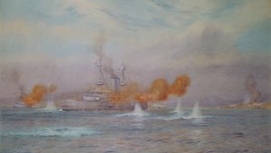 H.M.S. Albion dowodzony przez kpt. A. Walkera-Heneage, kończący niszczenie zewnętrznych fortów Dardaneli w latach 1915, 1925