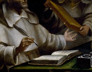 Ręce św. Alberta, gdy pisze, fragment ukazywania się św. Pawła św. Albertowi Wielkiemu i św. Tomaszowi z Akwinu, obraz Alonso Antonio Villamor (1661-1729), fragment